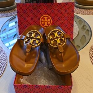 Tory Burch Tan Sandals with Gold Logo